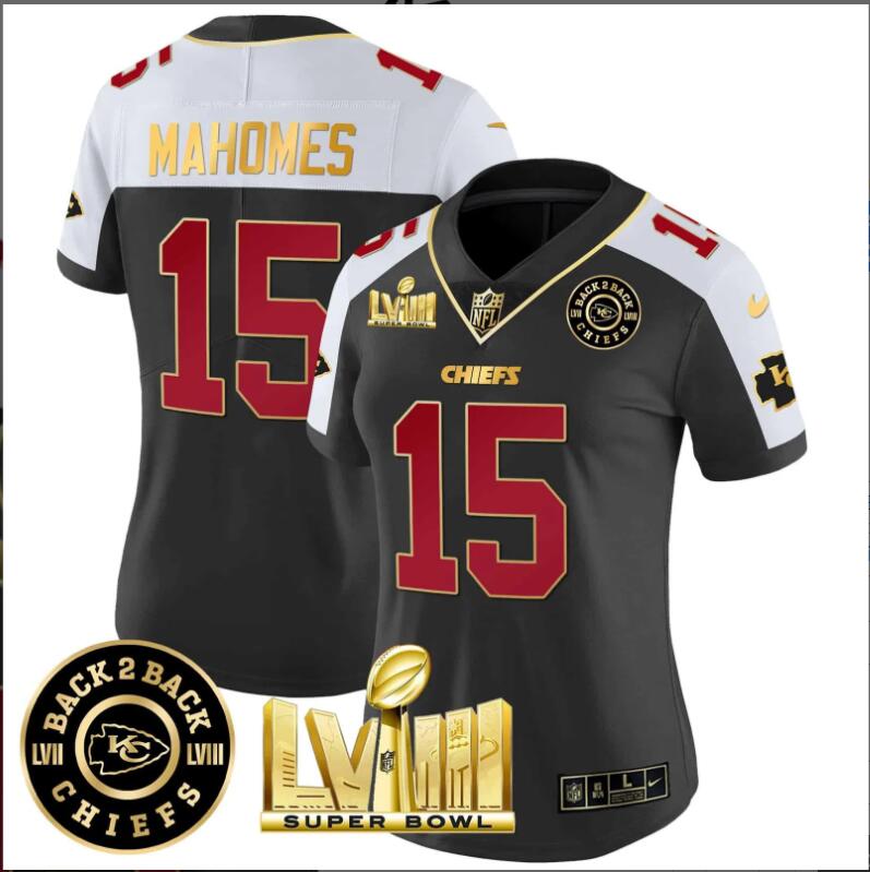 Women Kansas City Chiefs 15 Mahomes Super Bowl LVIII Back 2 Back Patch black 2024 NFL Nike jerseys